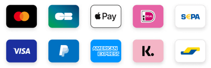 Ondersteunde betaalmethoden: Mastercard, CB, Apple Pay, iDEAL, SEPA, Visa, PayPal, American Express, Klarna